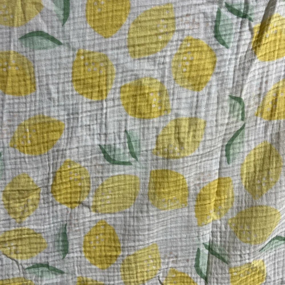 Muslin Baby Swaddle Blanket Yellow Lemon Print Mint Pom Pom Trim Cotton Gauze